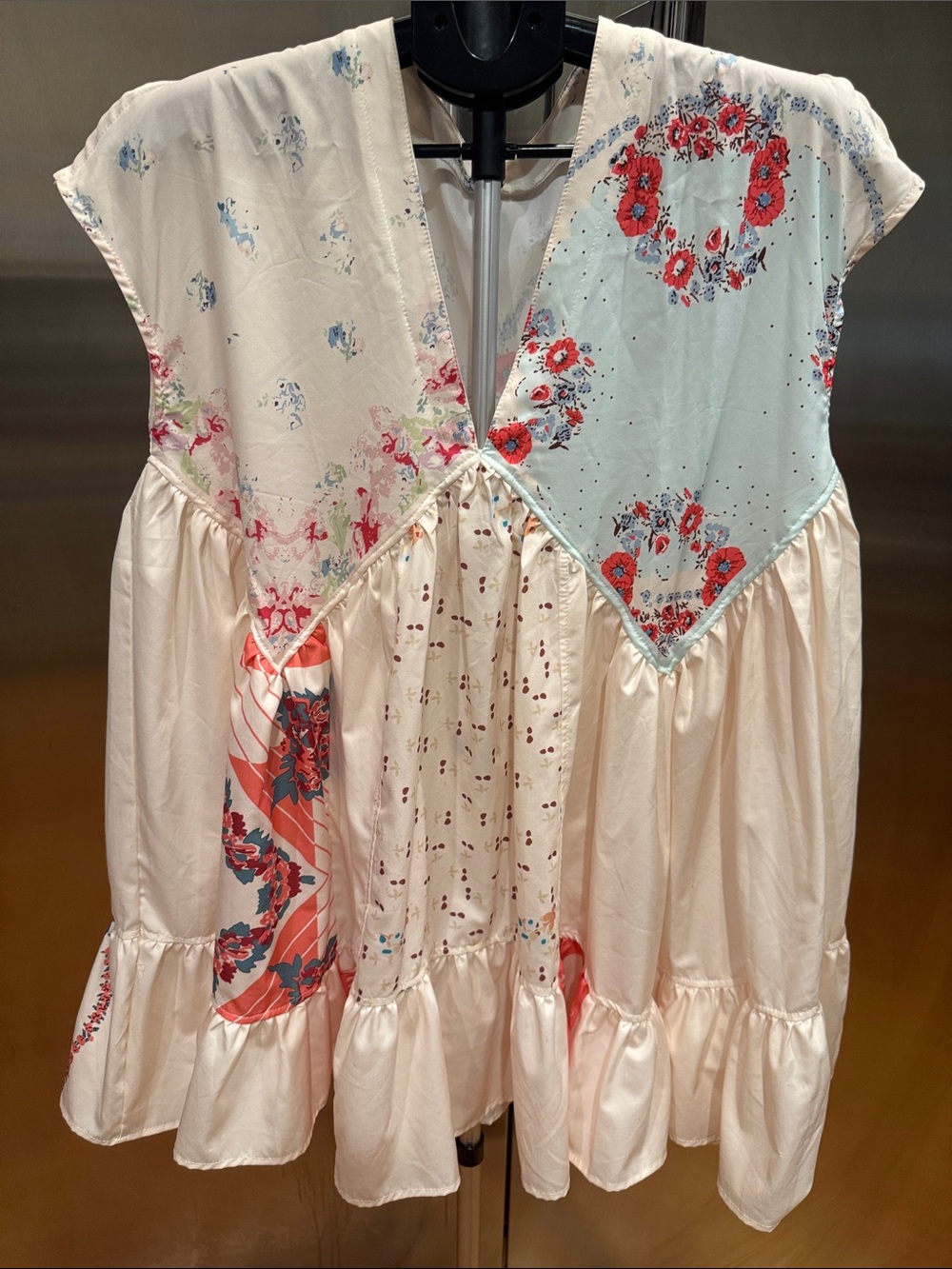 Floral Patchwork Sleeveless Boho Dress in Cream & Light Blue